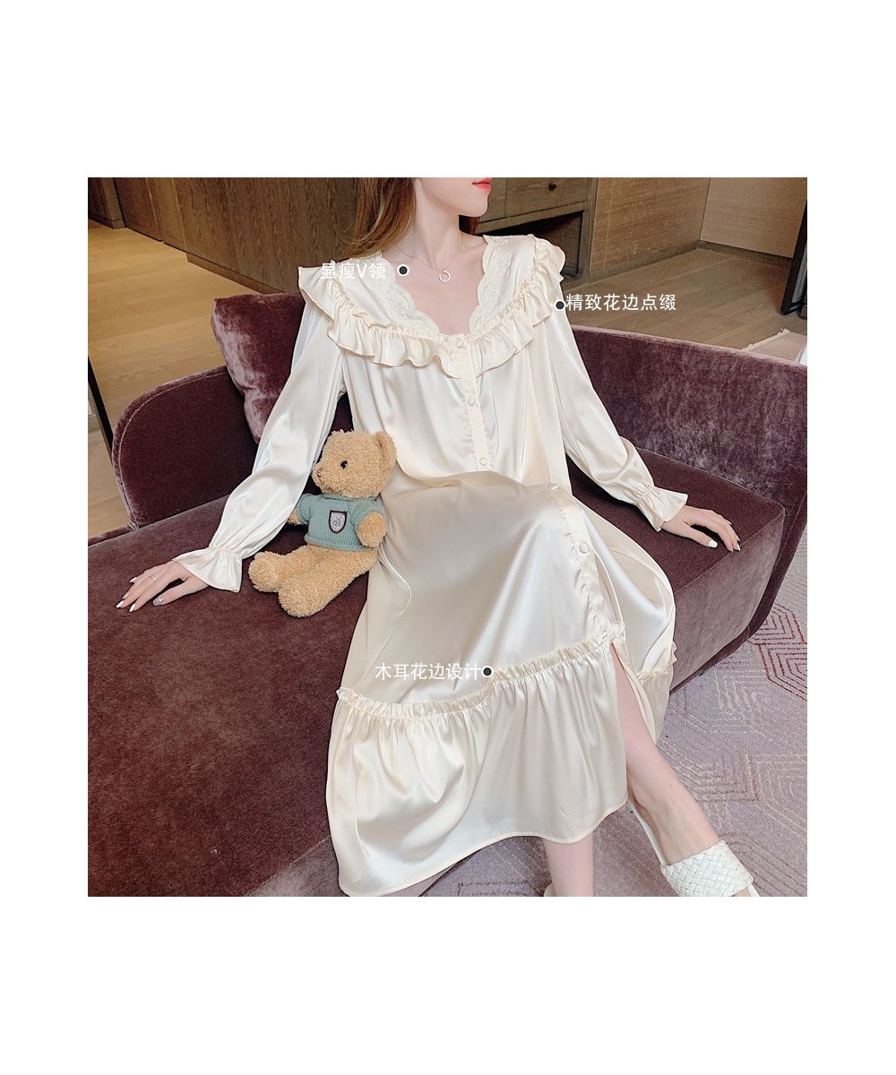 Women V-neck Nightgown Temperament Long Sleeve Ruffle Lace Single Breasted Sleepshirts Ladies Home Baggy S-4XL Comfort $33.71...