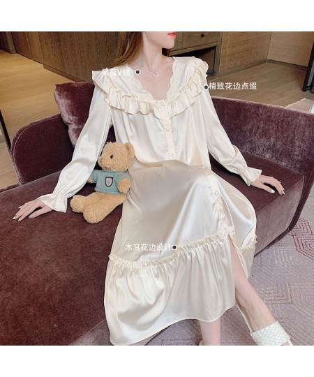 Women V-neck Nightgown Temperament Long Sleeve Ruffle Lace Single Breasted Sleepshirts Ladies Home Baggy S-4XL Comfort $33.71...