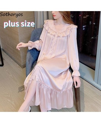 Women V-neck Nightgown Temperament Long Sleeve Ruffle Lace Single Breasted Sleepshirts Ladies Home Baggy S-4XL Comfort $33.71...