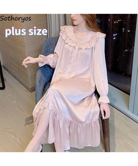 Women V-neck Nightgown Temperament Long Sleeve Ruffle Lace Single Breasted Sleepshirts Ladies Home Baggy S-4XL Comfort $33.71...