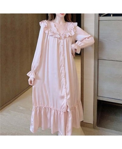 Women V-neck Nightgown Temperament Long Sleeve Ruffle Lace Single Breasted Sleepshirts Ladies Home Baggy S-4XL Comfort $33.71...