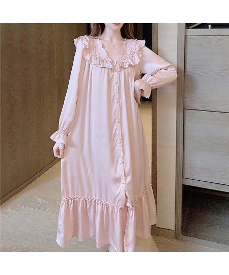 Women V-neck Nightgown Temperament Long Sleeve Ruffle Lace Single Breasted Sleepshirts Ladies Home Baggy S-4XL Comfort $33.71...