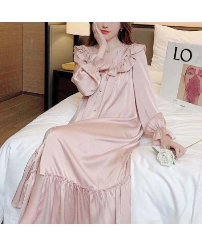 Women V-neck Nightgown Temperament Long Sleeve Ruffle Lace Single Breasted Sleepshirts Ladies Home Baggy S-4XL Comfort $33.71...