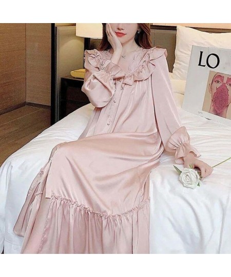 Women V-neck Nightgown Temperament Long Sleeve Ruffle Lace Single Breasted Sleepshirts Ladies Home Baggy S-4XL Comfort $33.71...