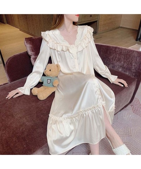 Women V-neck Nightgown Temperament Long Sleeve Ruffle Lace Single Breasted Sleepshirts Ladies Home Baggy S-4XL Comfort $33.71...