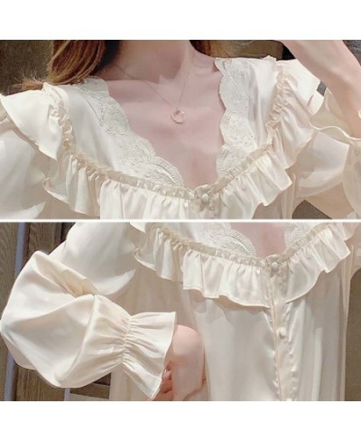 Women V-neck Nightgown Temperament Long Sleeve Ruffle Lace Single Breasted Sleepshirts Ladies Home Baggy S-4XL Comfort $33.71...