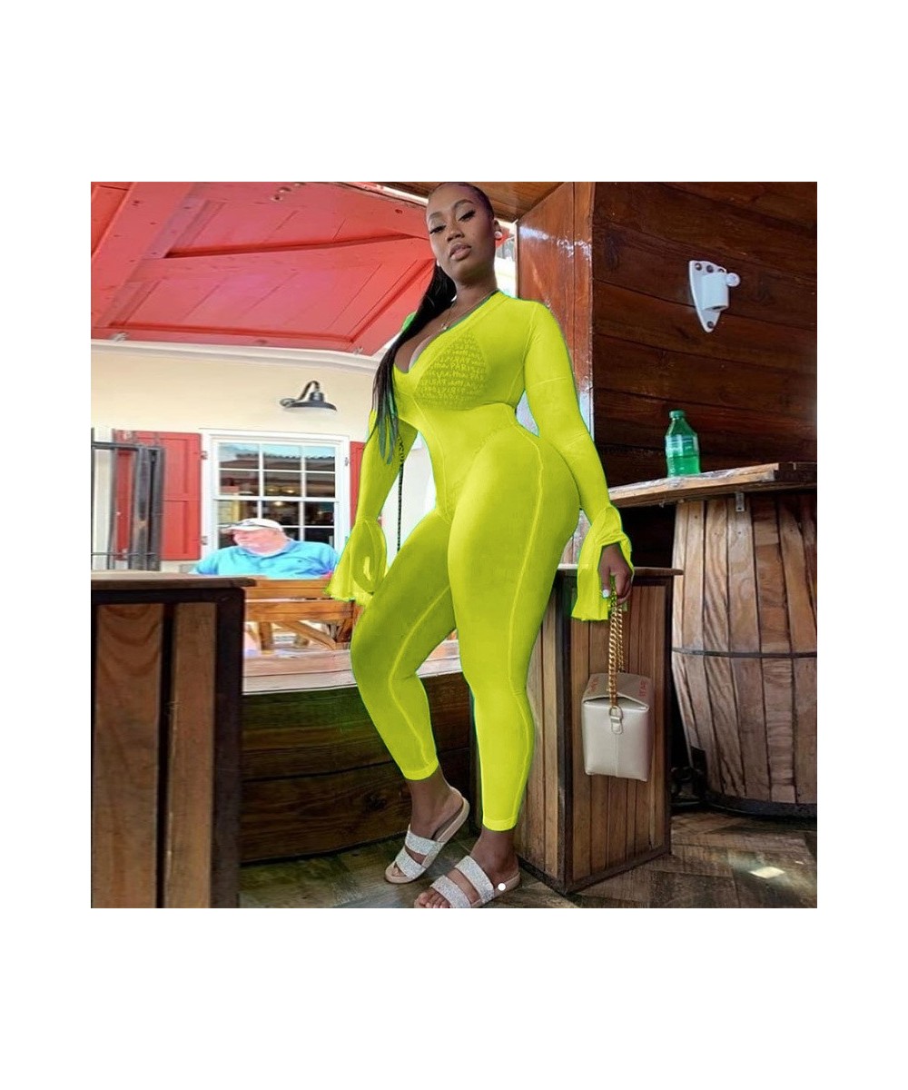 2023 Autumn Women Sexy Deep V-Neck Neon Long Rompers Jumpsuits Clubwear Ladies Soild Flare Long Sleeve Skinny Jumpsuits $37.3...