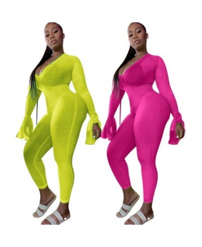 2023 Autumn Women Sexy Deep V-Neck Neon Long Rompers Jumpsuits Clubwear Ladies Soild Flare Long Sleeve Skinny Jumpsuits $37.3...