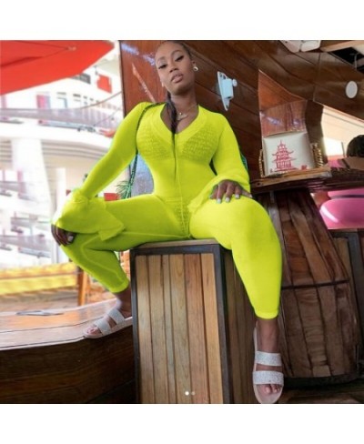 2023 Autumn Women Sexy Deep V-Neck Neon Long Rompers Jumpsuits Clubwear Ladies Soild Flare Long Sleeve Skinny Jumpsuits $37.3...