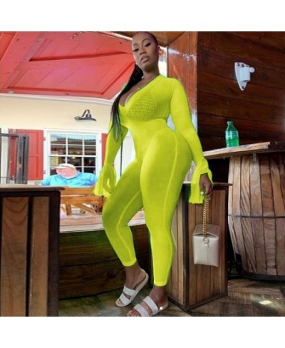 2023 Autumn Women Sexy Deep V-Neck Neon Long Rompers Jumpsuits Clubwear Ladies Soild Flare Long Sleeve Skinny Jumpsuits $37.3...