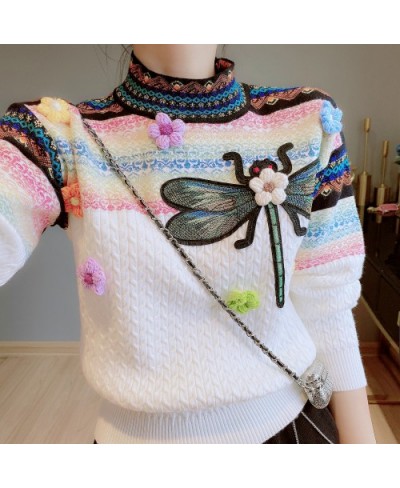 2023 Spring Autumn Round Neck Long Sleeve Contrast Color Twist Sweater Women's Three-Dimensional Flower Dragonfly Pull Femme ...