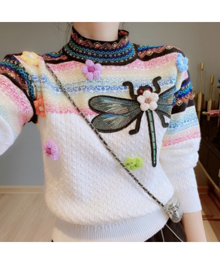 2023 Spring Autumn Round Neck Long Sleeve Contrast Color Twist Sweater Women's Three-Dimensional Flower Dragonfly Pull Femme ...