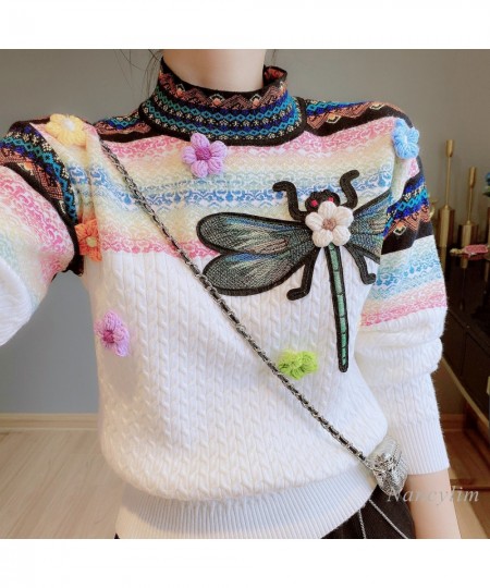 2023 Spring Autumn Round Neck Long Sleeve Contrast Color Twist Sweater Women's Three-Dimensional Flower Dragonfly Pull Femme ...