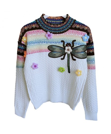 2023 Spring Autumn Round Neck Long Sleeve Contrast Color Twist Sweater Women's Three-Dimensional Flower Dragonfly Pull Femme ...