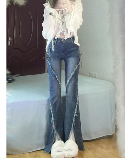 Split raw hem binding jeans women's spring slim elastic high waist slim micro flare pants spring and autumn $36.59 - Jeans