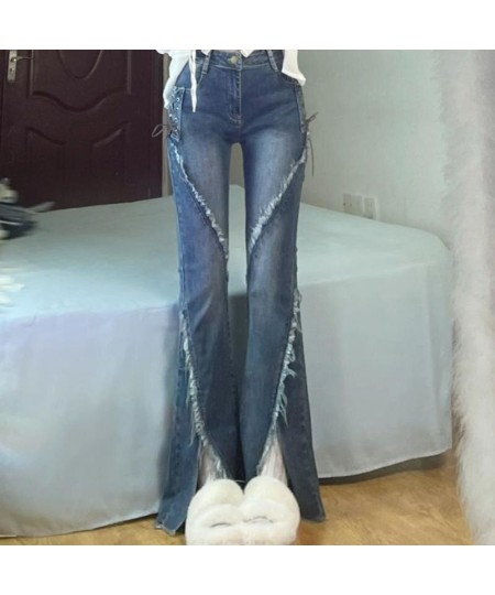 Split raw hem binding jeans women's spring slim elastic high waist slim micro flare pants spring and autumn $36.59 - Jeans