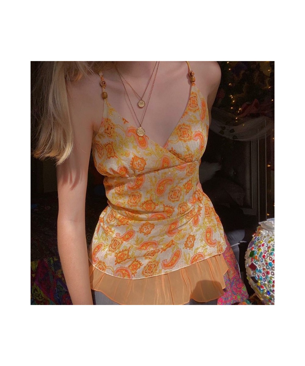 Orange Tops for Woman Graphic Floral Print V Neck Sleeveless Tanks 2000s Fairycore Grunge Camisole Vest y2k Streetwear $24.66...