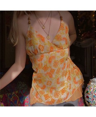 Orange Tops for Woman Graphic Floral Print V Neck Sleeveless Tanks 2000s Fairycore Grunge Camisole Vest y2k Streetwear $24.66...