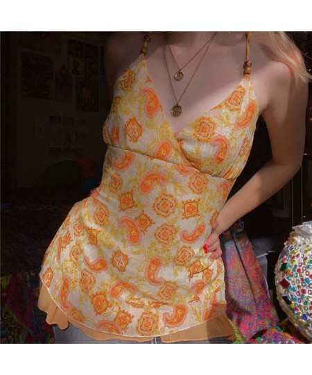 Orange Tops for Woman Graphic Floral Print V Neck Sleeveless Tanks 2000s Fairycore Grunge Camisole Vest y2k Streetwear $24.66...