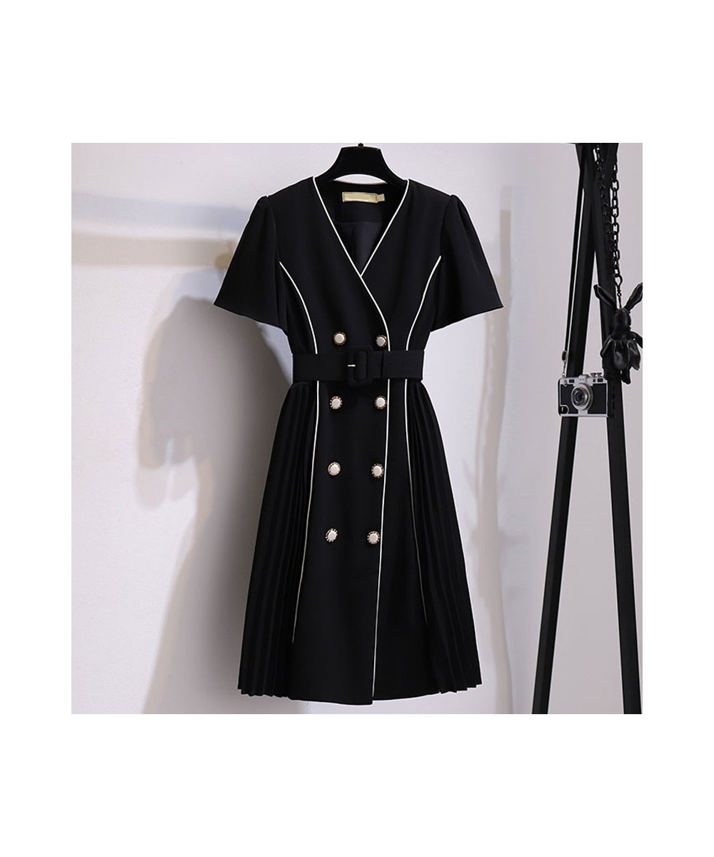 New high-end V-neck suit dress female plus size summer Korean version with belt fashion design double-breasted pleated dress ...