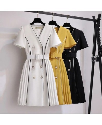 New high-end V-neck suit dress female plus size summer Korean version with belt fashion design double-breasted pleated dress ...