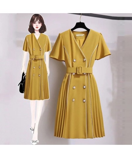 New high-end V-neck suit dress female plus size summer Korean version with belt fashion design double-breasted pleated dress ...