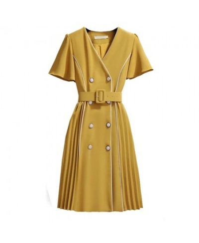 New high-end V-neck suit dress female plus size summer Korean version with belt fashion design double-breasted pleated dress ...