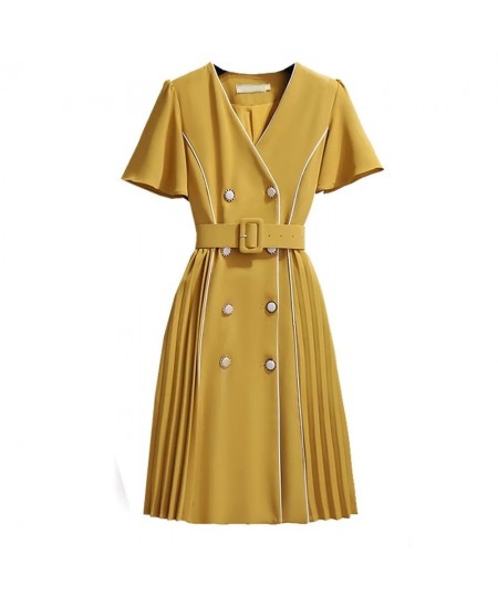 New high-end V-neck suit dress female plus size summer Korean version with belt fashion design double-breasted pleated dress ...