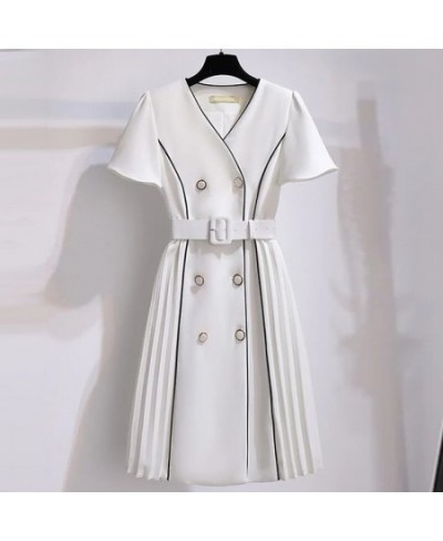 New high-end V-neck suit dress female plus size summer Korean version with belt fashion design double-breasted pleated dress ...