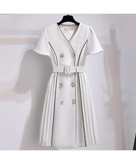 New high-end V-neck suit dress female plus size summer Korean version with belt fashion design double-breasted pleated dress ...