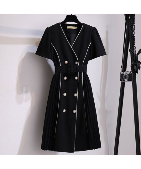 New high-end V-neck suit dress female plus size summer Korean version with belt fashion design double-breasted pleated dress ...