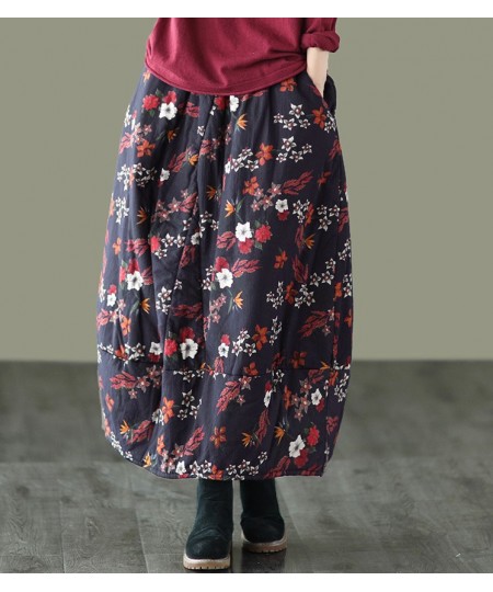 Autumn Skirts Women Retro Print Loose Elastic Waist Thick Female Fashion A-Line Clothing $51.39 - Skirts