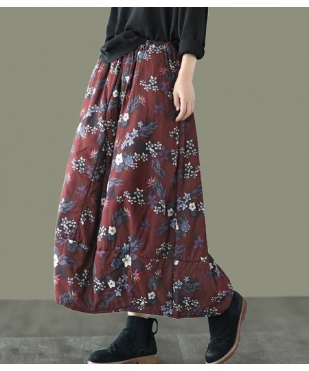 Autumn Skirts Women Retro Print Loose Elastic Waist Thick Female Fashion A-Line Clothing $51.39 - Skirts