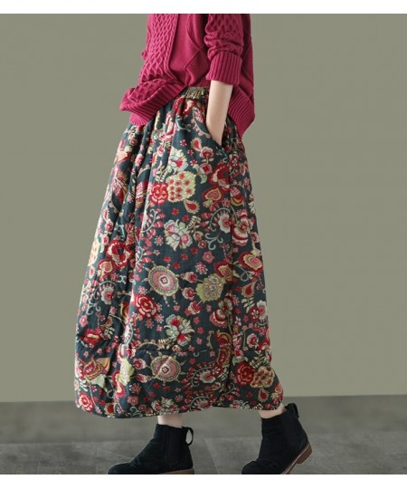 Autumn Skirts Women Retro Print Loose Elastic Waist Thick Female Fashion A-Line Clothing $51.39 - Skirts