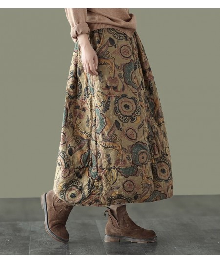 Autumn Skirts Women Retro Print Loose Elastic Waist Thick Female Fashion A-Line Clothing $51.39 - Skirts