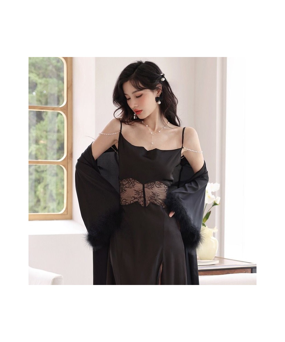 Female Lace Patchwork Long Bathrobe Nightgown 2 Pcs Soft Silk Dressing Gown Women Sleepwear Ladies Sexy Sleeveless Nightddres...