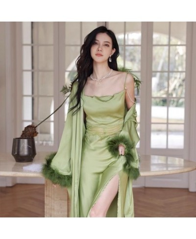 Female Lace Patchwork Long Bathrobe Nightgown 2 Pcs Soft Silk Dressing Gown Women Sleepwear Ladies Sexy Sleeveless Nightddres...