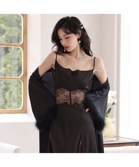 Female Lace Patchwork Long Bathrobe Nightgown 2 Pcs Soft Silk Dressing Gown Women Sleepwear Ladies Sexy Sleeveless Nightddres...