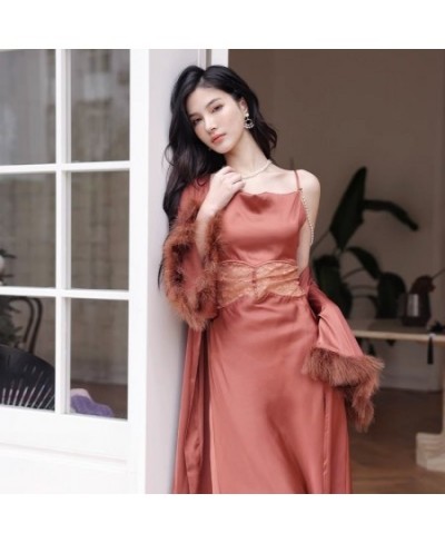 Female Lace Patchwork Long Bathrobe Nightgown 2 Pcs Soft Silk Dressing Gown Women Sleepwear Ladies Sexy Sleeveless Nightddres...