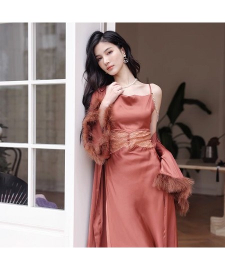 Female Lace Patchwork Long Bathrobe Nightgown 2 Pcs Soft Silk Dressing Gown Women Sleepwear Ladies Sexy Sleeveless Nightddres...