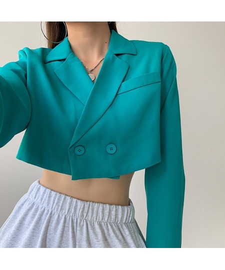 Autumn Notched Collar Cropped Blazer Vintage Women Double-breasted Buttons Long sleeve High Waist Suit Cool Girl Coat Outwear...