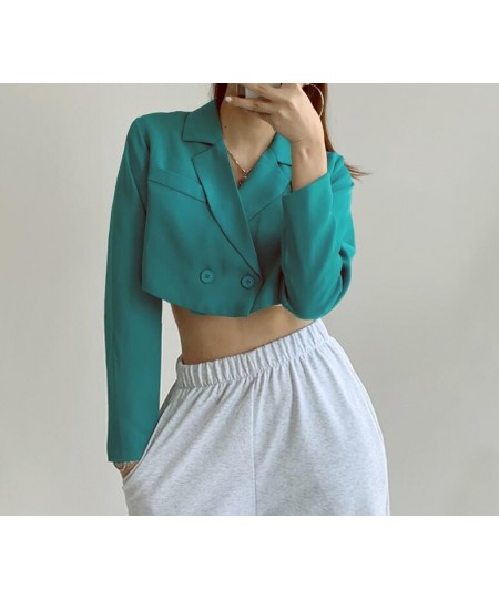 Autumn Notched Collar Cropped Blazer Vintage Women Double-breasted Buttons Long sleeve High Waist Suit Cool Girl Coat Outwear...