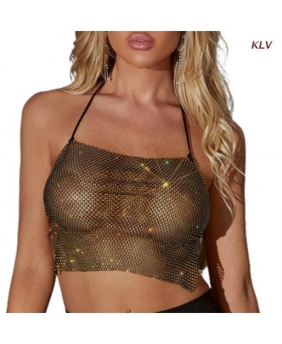 Women See Through Rhinestone Halter Crop Top Shiny Glitter Body Jewelry Sexy Backless Fishnet Camisole Summer Beach Party $25...