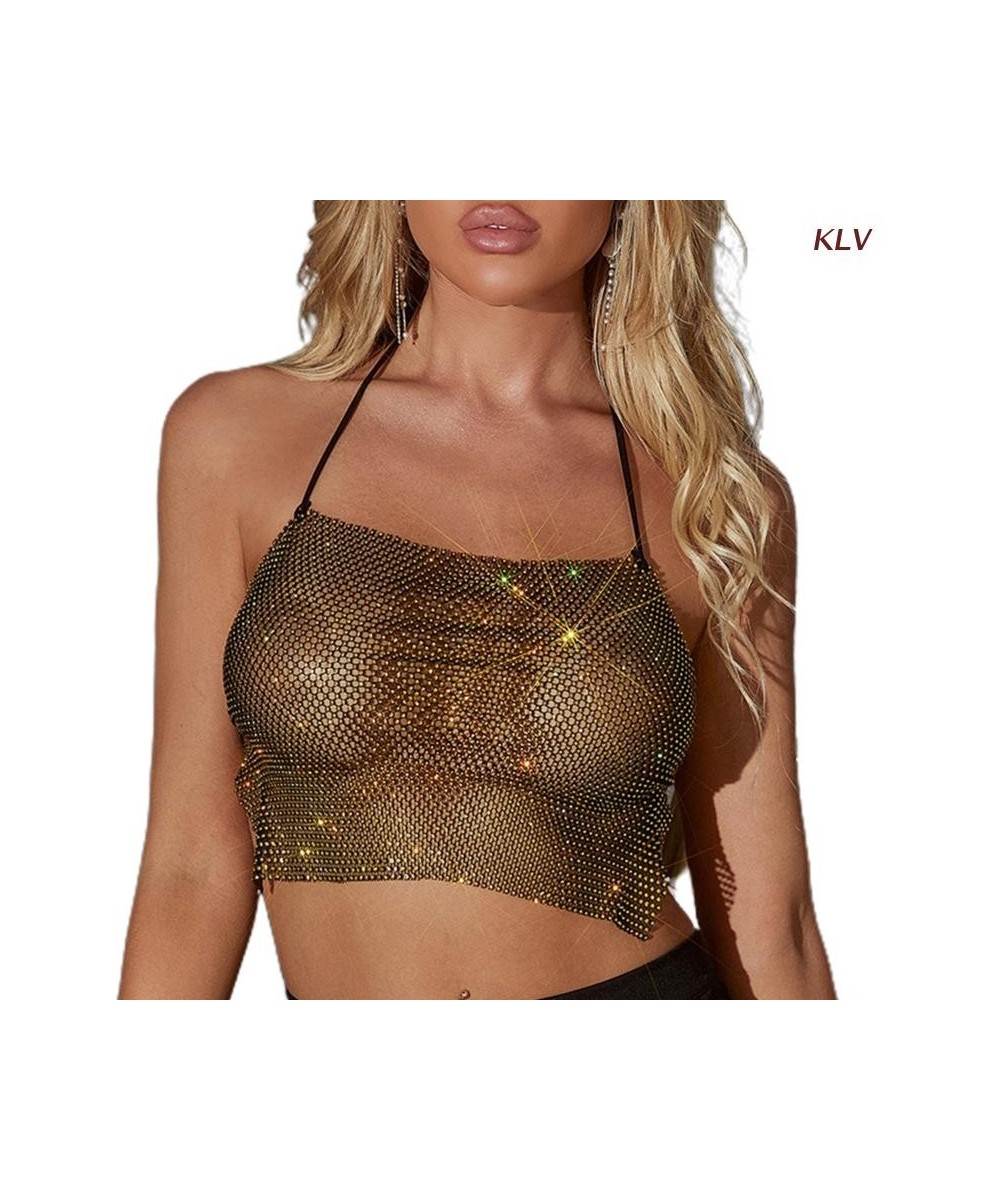 Women See Through Rhinestone Halter Crop Top Shiny Glitter Body Jewelry Sexy Backless Fishnet Camisole Summer Beach Party $25...