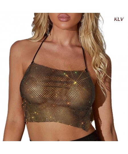 Women See Through Rhinestone Halter Crop Top Shiny Glitter Body Jewelry Sexy Backless Fishnet Camisole Summer Beach Party $25...