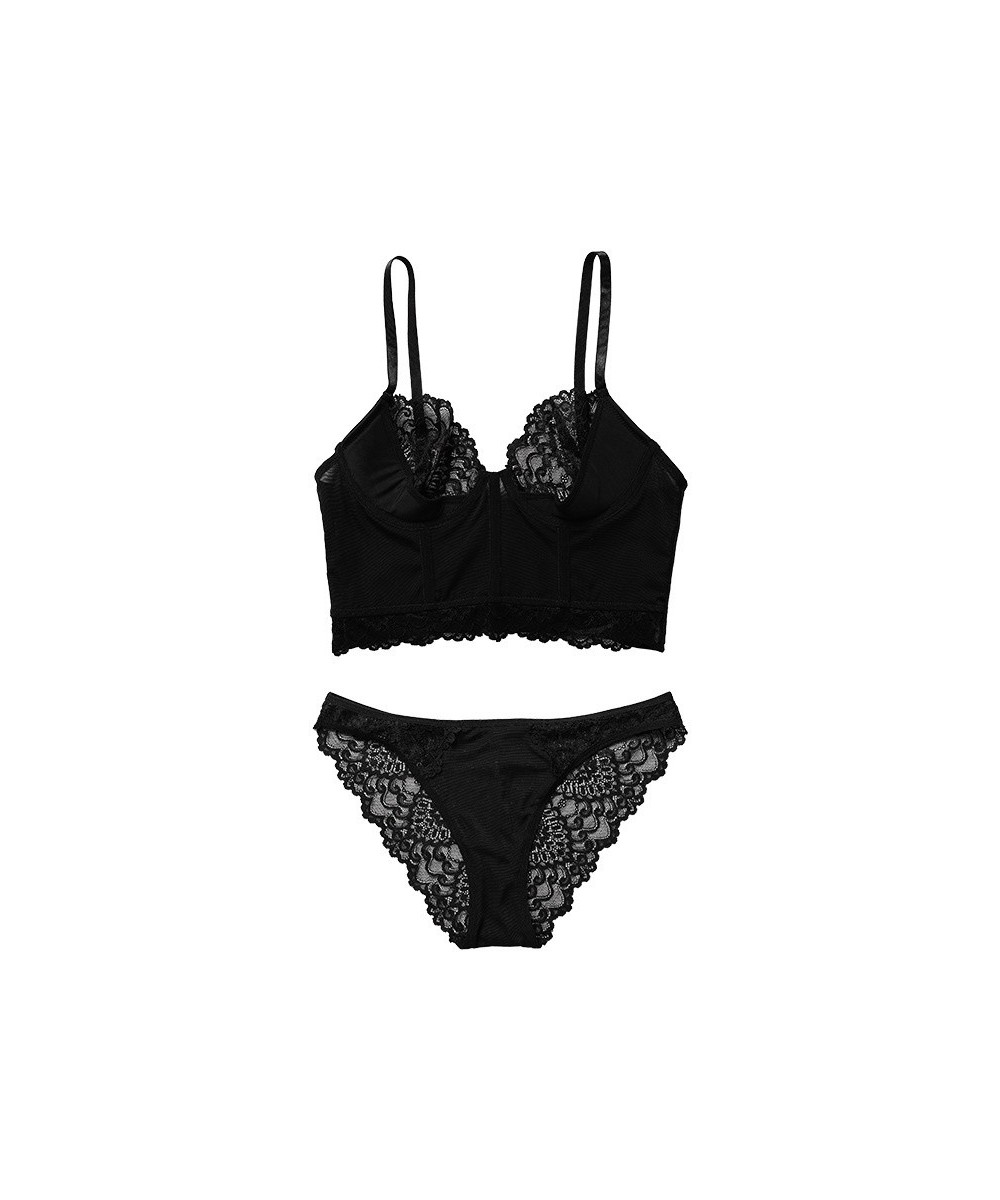 Thin Black Lace Sexy Lingerie Set Women's No Steel Ring Transparent Gathering Bra Breathable Seamless Bra Set $33.06 - Underwear