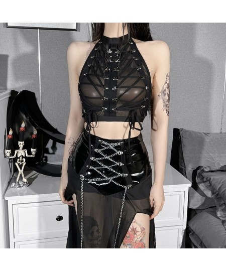 Clothes for Women 2022 Summer Fashion Dark Street Bandage Mesh Perspective Sexy Cropped Vest Women $34.19 - Tops & Tees