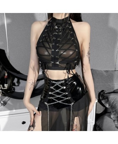 Clothes for Women 2022 Summer Fashion Dark Street Bandage Mesh Perspective Sexy Cropped Vest Women $34.19 - Tops & Tees