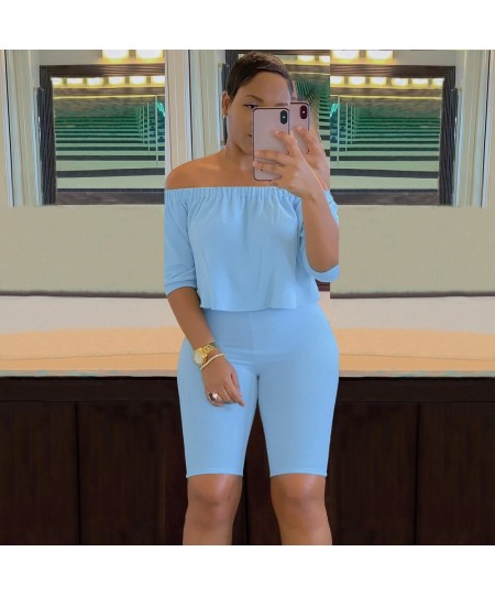 Two Piece Casual Solid Suits Off Shoulder Crop Top & Skinny Shorts Set 2022 $28.99 - Bottoms