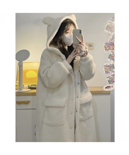 Cute Lambswool Hooded Coat Women Faux Fur Coat Mid-length Warm Fuzzy Overcoat Oversized Plus Size $51.81 - Jackets & Coats